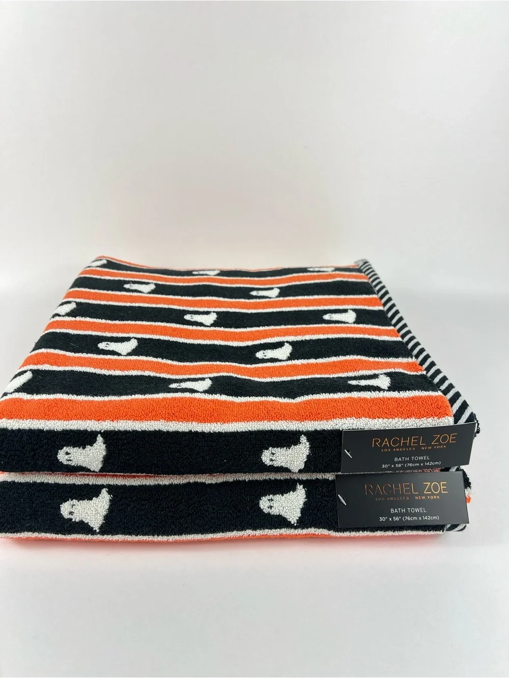 Rachel Zoe Bath Towels Black Orange Stripe Ghosts Halloween 100% Cotton 2 Pc NEW